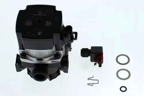 Bosch Pumpe mit einem elektrischen Antrieb, Anschluss für Rohrleitungen und Zubehörteilen wie Dichtungen und Clips auf weißem Hintergrund.